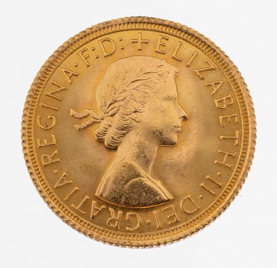 Goldmünze Sovereign 1966, Großbritannien, Elisabeth II., Heiliger Georg hoch zu Ross im Kampf mit dem Drachen
