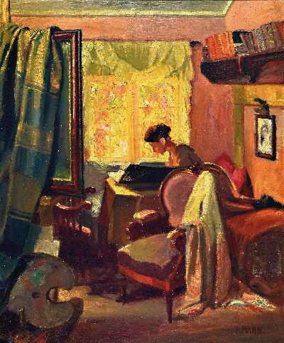 Richard Mahn, 1866 Leipzig-1951 Hindelang, "Fenster mit Herbstlaub", rückseitig so betitelt, junge Frau in einem Atelier mit verhängtem ...