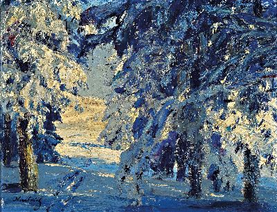 Gustav Kullrich, 1888 Neustadt an der Weinstraße-1938 Karlsruhe, 3 kleine Gemälde mit verschneiten Waldlandschaften in Öl auf Lwd, alle sign., ca. ...