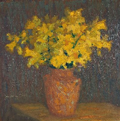 Gustav Kullrich, 1888 Neustadt an der Weinstraße-1938 Karlsruhe, Stillleben mit gelben Blumen, Öl/Malkarton, links unten sign. und dat. 20, ca. ...