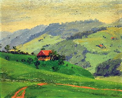 Gustav Kullrich, 1888 Neustadt an der Weinstraße-1938 Karlsruhe, Hügelige Landschaft mit vereinzelten Häusern, Öl/Holz, rechts unten sign., ca. ...