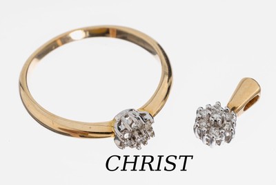 14 kt Gold CHRIST Brillant-Schmuckset, GG/WG 585/000, best. aus: 1 Ring, RW 60, und 1Anhänger, 14 Brillanten zus. ca. 0.18 ct Weiß/si, ca. 4.4 g