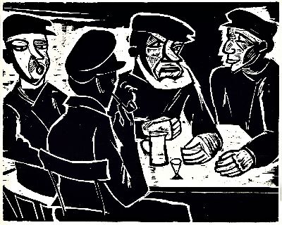 Max Pechstein, 1881 Zwickau-1955 Berlin, Holzschnitt "Fischer in der Kneipe", 1922, unsigniert, verso Nachlaßstempel, PP Ausschnitt 41x50 ...
