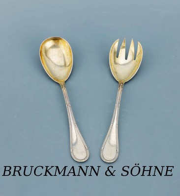 Salatbesteck, BRUCKMANN & SÖHNE, 800er Silber, um 1910-20, schlichtes Kreuzbanddekor,Laffe und Zinken verg., L. ca. 21.5 cm, ca. 164 g