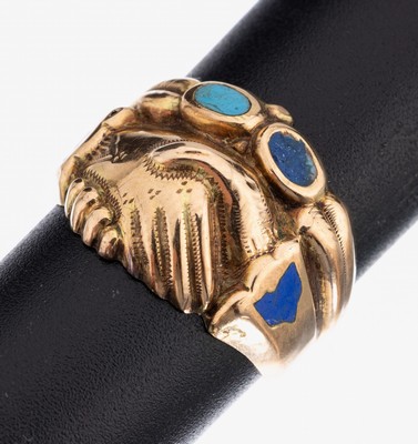16 kt Gold Lapislazuli-Türkis-Ring, um 1830, GG 666/000, Treuhand-Symbolik, Einlagen aus Lapislazuli und Türkis, min. besch., RW 58, ca. 2.8 g