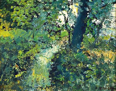 Karl August Wolff, 1938-2023, zwei Waldlandschaften, Öl/Lwd, je signiert, Rahmen 44x34/28x34 cm