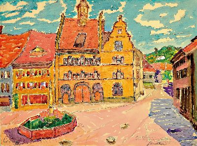 Carl-Otto Günther, 1909 Bruchsal-1974 Kandel , 2 Aquarelle, Ansichten aus Staufen im Breisgau, Rathaus und Marktplatz, signiert und datiert 1969, ...