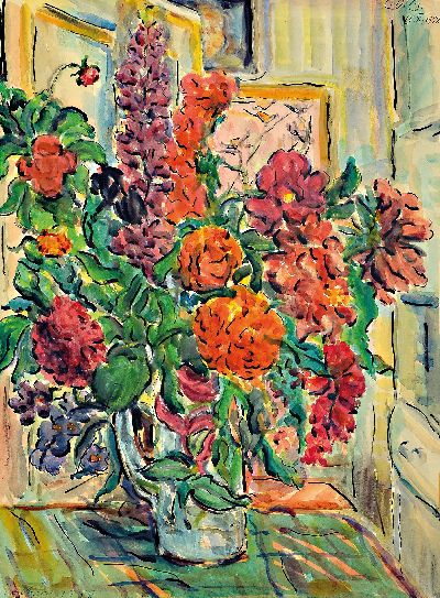 Carl-Otto Günther, 1909 Bruchsal-1974 Kandel , Aquarell, Blumenstillleben, 13.10.1958, signiert und datiert, unter Glas gerahmt 68x52 cm, Abb. AK ...