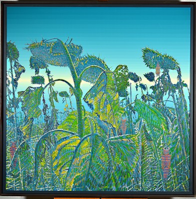 Klaus Wendel, 1935 Wollmesheim-2005, "Die welkenden Sonnenblumen", verso signiert und datiert 1991, Öl/Papierzuschnitt auf Masonit, Rahmen ...