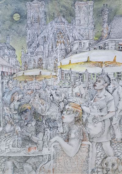 Helmut Goettl, 1934 Decin-2011, Im Straßencaf vor der Kathedrale, großformatige Blei- und Buntstiftzeichnung, ca. 100x74cm, u.Gl., R. ca 119x90cm, ...
