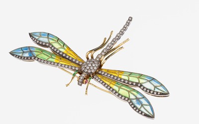 18 kt Gold Brillant-Email-Farbstein-Brosche "Libelle", GG 750/000, qualitätvolle Verarbeitung, 116 in Silber gefasste Brillanten zus. ca. ...