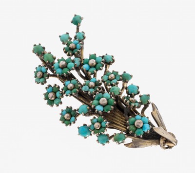 Türkis-Brosche, 1930er Jahre, Silber gepr.,Darstellung eines Blumenstrauß, Blüten und Blätter mit Türkis-Cabochons in versch. Farbnuancen, ca. ...