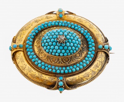 14 kt Gold Türkis-Brosche, um 1890-1900, GG585/000 gepr., prunkvoll, part. grav., kl. Türkis-Cabochons, mittig Altschliffdiamant in Sternfassung ...