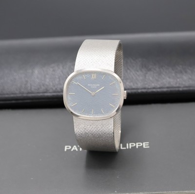 PATEK PHILIPPE Herrenarmbanduhr Referenz 3545 in WG 750/000 mit original Box und Papier, Schweiz verk. Sept. 1974, Handaufzug, 3-tlg. Geh., Boden u. ...