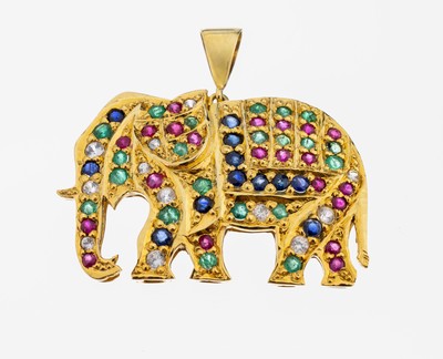14 kt Gold Farbstein Anhänger "Elefant", GG585/000, voll ausgefasst mit rundfacett. Rubinen, Saphiren und Smaragde zus. ca. 3.50 ct, ca. ...