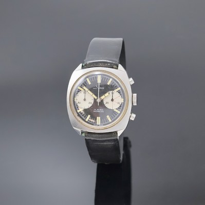SINN Armbandchronograph in Stahl, Schweiz um 1970, Handaufzug, Boden verschr., schwarzes Zifferbl. m. Leuchtind. u. Zeigern, silb. Hilfsblätter, 30 ...