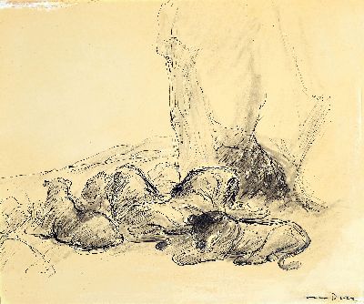 Otto Dill, 1884 Neustadt-1957 Bad Dürkheim, lavierte Tuschezeichnung, "Löwengrube (Rudel)" so bez., signiert, PP Ausschnitt 34x39 cm, ...