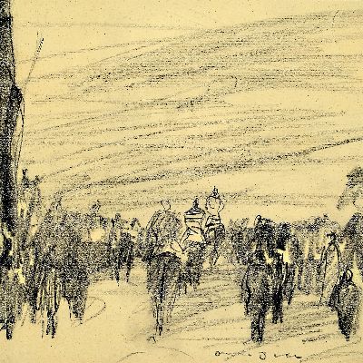 Otto Dill, 1884 Neustadt-1957 Bad Dürkheim, späte Bleistiftzeichnung, wohl Jockeys auf dem Weg zum Rennplatz, signiert, PP Ausschnitt 22x22 cm, ...