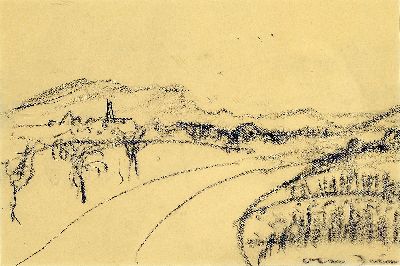Otto Dill, 1884 Neustadt-1957 Bad Dürkheim, Landschaftsstudie, Kohlestift, Blick auf Gimmeldingen, signiert, unter Glas gerahmt 33x43 cm
