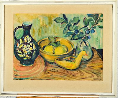 Friedrich Josse, 1897 Wolfenstein-1994 Speyer , Stillleben mit verschiedenen Gegenständen,Aquarell, signiert, unter Glas gerahmt 58x70 cm