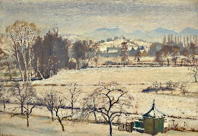 Hermann Croissant, 1897-1963 Landau, winterlicher Blick aus dem Atelierfenster, links unten signiert und datiert 1942, Öl/Masonit, 35x50 cm, Rahmen ...