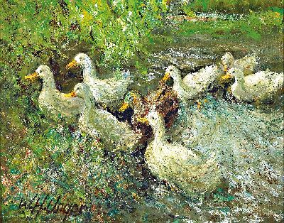 Wolfgang Heinz Unger, 1929-2019, "Enten am Ufer", Öl/Masonit, signiert, 40x50 cm, Rahmen 50x60 cm