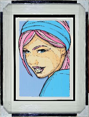El Bocho, geb. 1978, 3D-Komposition "Girl inblue and pink", Blatt 60x40 cm, unter Glas gerahmt 82x62 cm