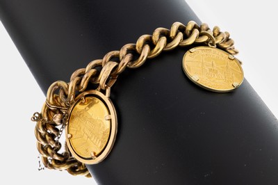 14 kt Gold Bettelarmband mit Medaillen, GG 585/000/, 4 x Bad Kissingen, Bayern, GG 986/000, 1 x Goldmünze 20 Mark 1889, Wilhelm II., deutscher ...