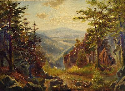 Unbekannter Künstler, deutsch, um 1900, Blick von einer Baum bestandenen Anhöhe ins Tal, rechts ein Jäger vor seinem Zelt, Öl/Lwd, rest., ca. ...