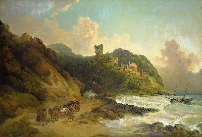 Philip Jacob de Loutherbourg der Jüngere, 1740 Straßburg-1812 Chiswick, große Küstenlandschaft mit Burgruine auf einer Klippe, anlandende Schiffe ...