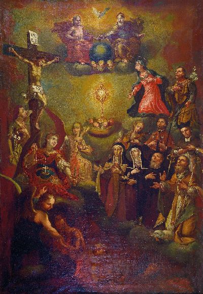 Unbekannter Künstler, Italien, 18. Jh., vielfigurige Darstellung der christlichen Erlösung mit Sündern im Fegefeuer, helfenden Engeln, ...