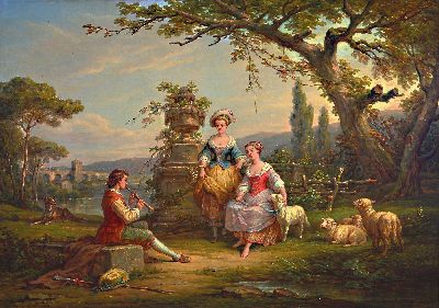 Nicolas Henry, genannt Henry de Gray, geb. 1822 Gray/Haute Saone, Schäferszene, zwei junge Frauen mit Schafen im Park lauschen einem jungen ...