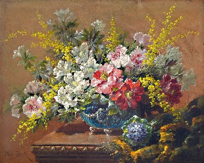 Paul Biva, 1851 Paris-1900 Avon/ Seine-et -Marne, Üppiges Blumenstillleben in Silber montiertem Gefäß, rechts unten eine Decke, Öl/Lwd/Holz, ...