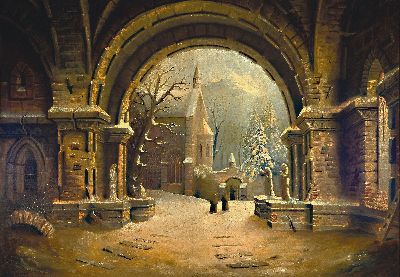 Julius Lindner, Salzburg vor 1845 bis nach 1881, nach Albert Bredow (1828-1899), Winterlandschaft mit mittelalterlichem Klostereingang und Mönchen, ...