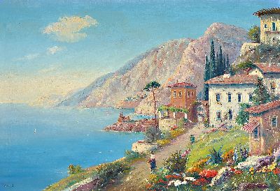Ginelli, Maler des frühen 20. Jh., Blick auf die Amalfi Küste, Öl/Lwd, links unten sign., ca. 70x100cm, R.ca. 94x124cm