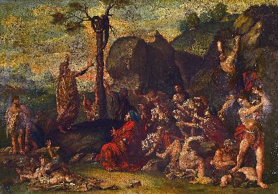 Unbekannter Künstler des 18. Jh., Die Erhöhung der ehernen Schlange, Moses vor seinem klagenden Volk, Öl/Lwd, doubl., mit alten Restaurierungen, ...