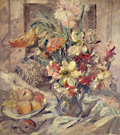 Hanns Fay, 1888 Frankenthal-1957 Neustadt, großes Blumenstillleben, Sommerstrauß mit Obstschale, rechts oben signiert, Öl/Holz, 100x90 cm, Rahmen ...