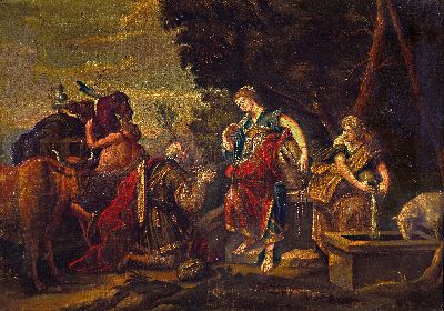 Unbekannter Künstler, um 1760, Huldigung am Brunnen, wohl alttestamentarische Szene, Öl/Lwd, unsigniert, rest., ca. 52x73cm, R. ca. 57x77cm