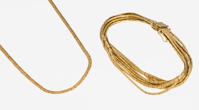 18 kt Gold Schmuckset, GG 750/000 sat., best. aus: 7-rhg. Armband, L. ca. 19 cm, Kastenschloss mit Sicherheitsacht, 1 Sicherheitsacht sollte ersetzt ...