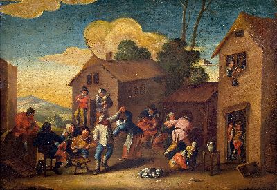 Unbekannter Künstler, Niederlande, um 1830-40, vielfigurige Bauernhochzeit mit tanzendem Paar und Musikern, Öl/Lwd, rest., unsign., ca. 53x75cm, R. ...