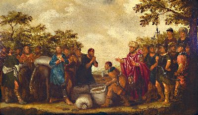 Unbekannter Künstler, wohl deutsch, um 1830-40, Das Zahlen der Steuern, auf der einen Seite klagende Bauern mit ihren Kornsäcken, auf der anderen ...