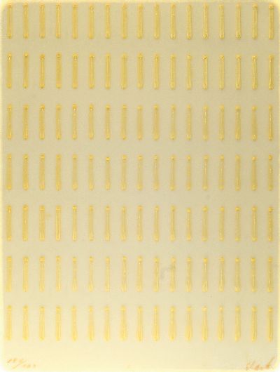 Günther Uecker,1930-2025, sieben Nagelreihen in Kunststoff, num.100/100, handsigniert, unter Glas, PP. Ausschnitt 57 x 43 cm, Rahmen ca. 78 x 65 cm