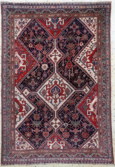 Antiker Ghaschgai, Persien, 19.Jhd, Wolle auf Wolle, ca. 187 x 130 cm, restauriert, EHZ:2(gleichmäßig dünn)