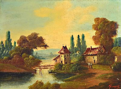 Unbekannter Künstler des 19. Jh., Idyllische Landschaft mit Bauernhaus, Gewässer und Brücke, Öl/Lwd, mehrfach rest., rechts unten signiert Gumpel ...