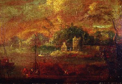 Unbekannter Künstler des 18. Jh., Fischerboote auf einem See, am Ufer ein Turm und eine Bauernkate, Öl/Lwd/Malkarton, ca. 42x60cm, R. ca. 53x72cm