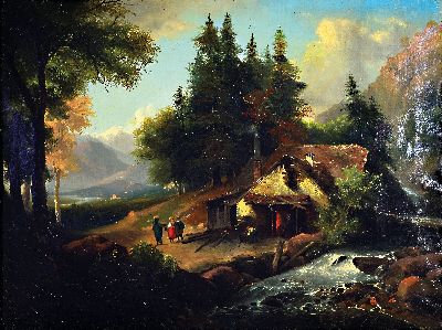 Unbekannter Künstler, deutsch, Mitte 19. Jh., Begegnung vor der Köhlerei, im Hintergrund die Berge, im Vordergrund ein Bach, Öl/Lwd, ca. 49x65cm