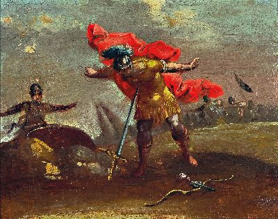 Unbekannter Künstler des 19. Jh., römischer Feldherr stürzt sich in sein Schwert, Öl/Lwd, doubl., rest., ca. 32x39cm, R. ca. 46x54cm