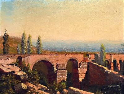 Unbekannter Künstler, um 1900, Blick auf ein römisches Aquädukt, im Hintergrund weite sommerliche Landschaft, Öl/Lwd/Holz, unsign., ca. 39x50cm, ...