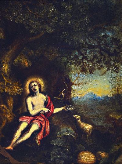 Unbekannter Künstler, um 1720-30, Der Hl. Johannes mit dem Lamm vor idealer Landschaft, Öl/Kupfer, links unten besch. mit Farbfehlstelle, ca. ...
