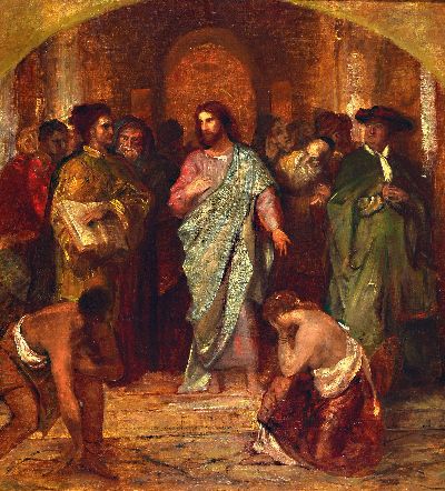 Unbekannter Künstler, Nazarener, 2. Hälfte 19. Jh., Jesus im Tempel, vielfigurige Szene, Öl/Holz, ca. 46x41cm, R. ca. 64x60cm